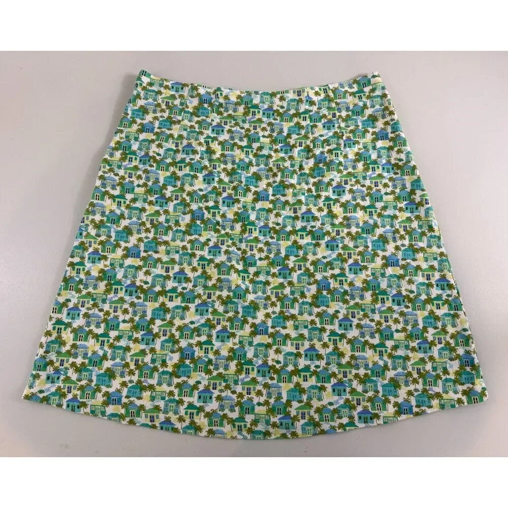 J Jill Pull On Skirt Cotton Modal Tropical Houses Palm Trees Print Women's S
